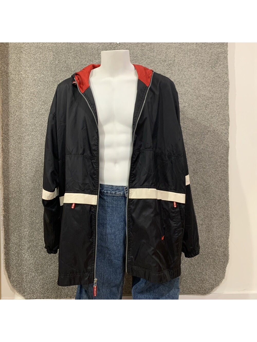 Men’s VTG Nike White Tag Windbreaker Black Red White Long Fireman Style 2XL